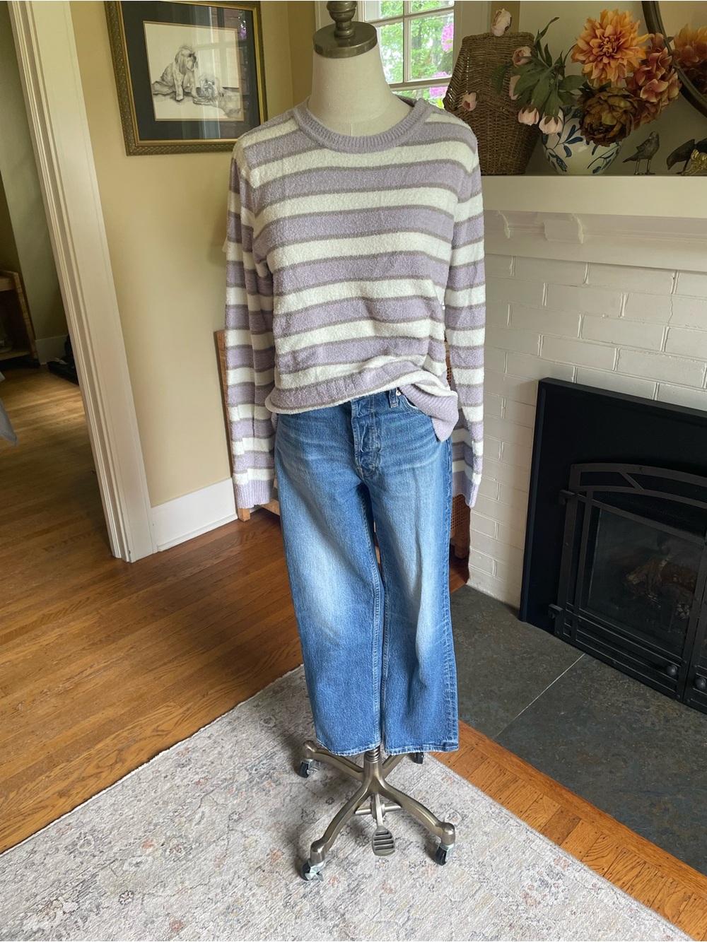 Barefoot Dreams Cozy Chic Lite Lavender and Cream Striped Sweater